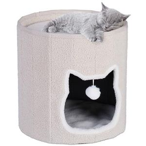 Relaxdays kattenmand met kussen, speeltje, opvouwbaar kattenholletje, zacht kattenhuis, H x Ø: 40 x 39 cm, stof, beige