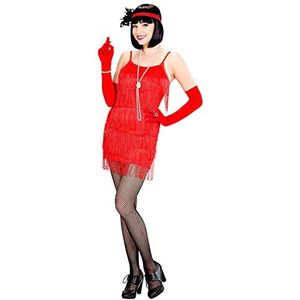 Widmann 39684 Charleston Kostuum, jurk en hoofdband, rode jurk met franjes, hoofdband met pailletten en zwarte veer, jaren 20, flapper