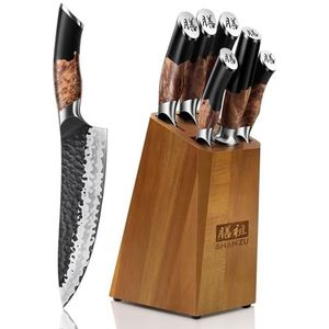 SHAN ZU - Set van 7 Japanse Keukenmessen - Hoogwaardig Koolstofstaal - Professionele Koksmessen met Blok