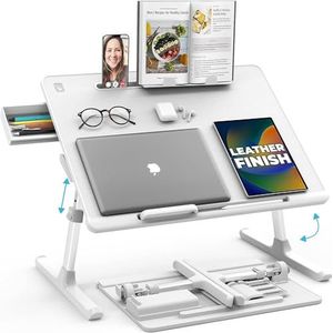 Cooper Desk PRO [XL Verstelbaar Vouwbaar Laptopbureau] Hoogte & Kantelhoek | Leren Top voor Werk, Studie, Bed | Leesstandaard, Lade (Parelwit)
