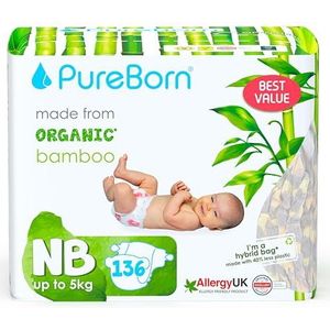 PureBorn Eco Organic Bamboe Luiers, Maat Newborn (<5 kg), 136 Luiers, Hypoallergeen, Ultrazacht, Milieuvriendelijk, Assorti Print, Natheidsindicator