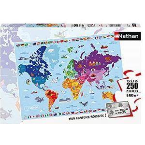Nathan - Kinderpuzzel - 250 stukjes - Wereldkaart - Meisjes of jongens vanaf 8 jaar - Hoogwaardige puzzel - dik en duurzaam karton - cartografie - 86883
