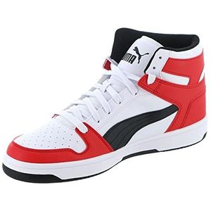 PUMA Rebound Layup Wide Sneakers voor heren, wit zwart-high risk rood, 44,5 EU, Puma White Puma Black High Risico, rood, 44.5 EU Breed