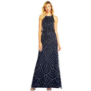 Adrianna Papell Halterjurk voor dames, art-deco met kralen, Donkerblauw, 16