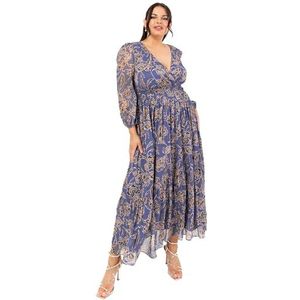 Lovedrobe Dames maxi-jurk met lange mouwen V-hals voorhoofd bloemenprint tie-rug A-lijn elastische taille blauw 54, Blauw, 52 NL