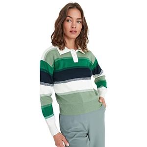 Trendyol Dames Green Color Blocked Polo Collar Knitwear Sweater, S