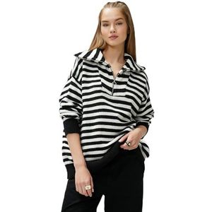 Koton Dames lange mouwen geribbelde rits detail hoge hals sweater, Black Stripe (02N), S