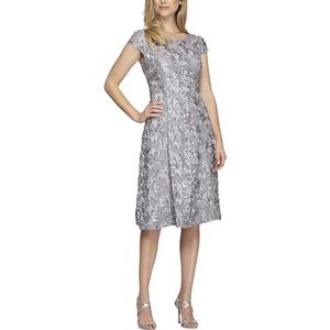 Alex Evenings Women's Tea Length Cap Sleeve Rosette Dress (Petite and Regular), Dove, 10
