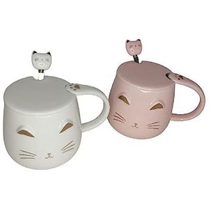 lachineuse - Set van 2 kopjes kat Kawaii 450 ml – mok kat met deksel & lepel – kleur wit & roze van keramiek – theekopje, koffie – originele Japanse mok – cadeau-idee Japan