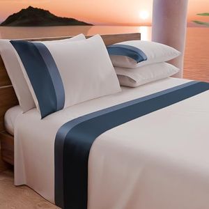 PETTI Artigiani Italiani - Beddengoedset voor Frans bed met dubbele volant van satijn, 3-delig, 120 x 200 cm, bedlaken van percal-katoen, hoeslaken, bedlaken en 1 kussensloop, blauw