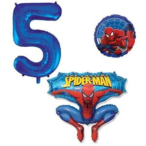 Spiderman Ballonset van 3 Spiderman folieballon, getal 5 in blauw, Spiderman rond