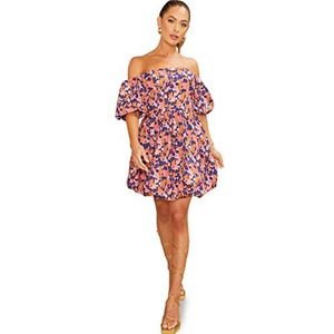 Chi Chi London Bardot Ink Spot Print Puff Ball Mini-jurk voor dames speciale gelegenheid, Meerkleurig, 36