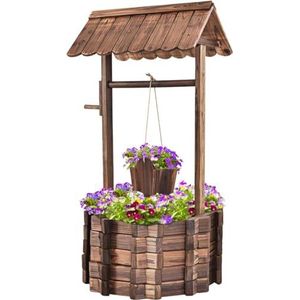 FANTASK Houten fontein met dak, 56 x 56 x 114 cm, tuindecoratie, bloembak, decoratieve fontein bloempot