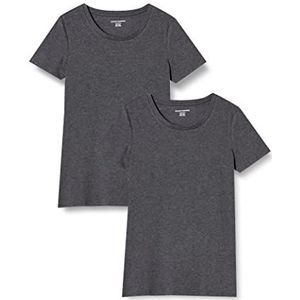 Amazon Essentials Women's T-shirt met korte mouwen en ronde hals in klassieke pasvorm, Pack of 2, Houtskoolzwart, XS