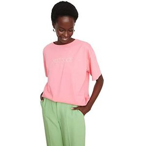 Trendyol Dames Roze geborduurd Boyfriend Gebreide T-Shirt, XS