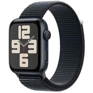 Apple Watch SE (2e generatie, 2023) (GPS 44 mm) Smartwatch - Kast van middernacht aluminium - Middernacht geweven sportbandje. Conditie en slaap bijhouden, ongelukdetectie, CO₂-neutraal