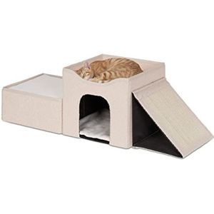 Relaxdays kattenmand, opvouwbaar, 3 slaapplekken, kattenhuis met krabplank, HBD: 36,5 x112 x 41 cm, kattenbed, beige