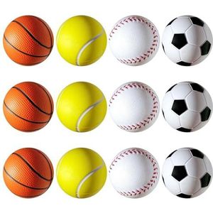 Vhger Verpakking met 12 schuimballen, 6,3 cm anti-stress ballen, mini-sportbal, basketbal, tennisballen, softbal, voetbal, oefening, stress en angst bij volwassenen en kinderen