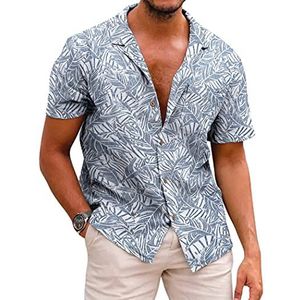 COOFANDY Hawaiiaanse overhemden voor heren, katoen, linnen, knoopsluiting, tropisch, vakantie, strandshirts, Grijs - Palmblad, L