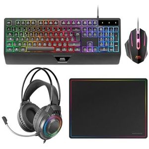 Mars Gaming MCP124PRO, Gaming Combo 4in1, RGB H-Mech Toetsenbord met Polssteun, RGB Muis 3200DPI en HUANO Switches, FRGB Hoofdtelefoon, Nanotextiel Muismat 36x26cm, Multiplatform, Portugees, Zwart