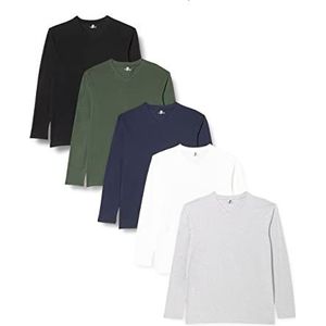 Lower East Heren Shirt met lange mouwen, V-hals, Zwart/wit/grijs melange/donkerblauw/groen, set van 5, XL