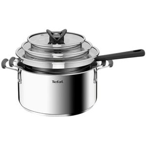 Tefal G7376S Opti'Space pannenset, 6-delig, steelpan 16 cm (incl. deksel) | kookpannen 20/24 cm (incl. deksel) | roestvrij staal | Thermo-Fusion bodem | voor alle warmtebronnen, inductie | grijs