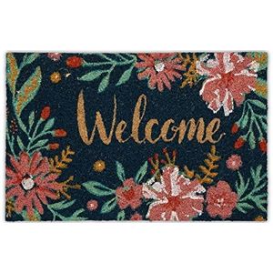 Relaxdays deurmat kokos 'welcome', kokosmat, bloemen en planten, 60x40 cm, voordeurmat, antislip, kleurrijk