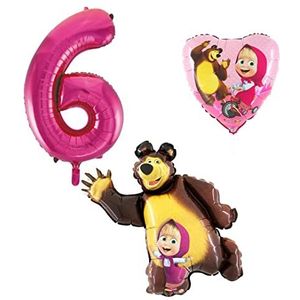 Masha en de beer folieballonnen - cijferballon 6 roze - Happy Birthday ballonnen - geschikt voor helium en lucht