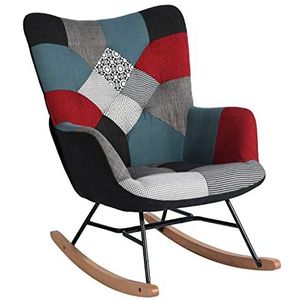 MEUBLE COSY Schommelstoel patchwork gestoffeerde stoel ontspanning met armleuningen, hoge rugleuning voor woonkamer, slaapkamer van stof met houten poten, 71 x 89 x 95 cm