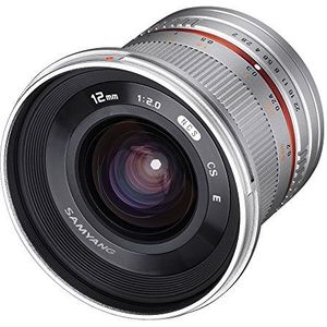 Samyang SY12M-FX-SIL 12 mm F2.0 Ultra-groothoeklens voor Fujifilm X-Mount camera's, zilverkleurig