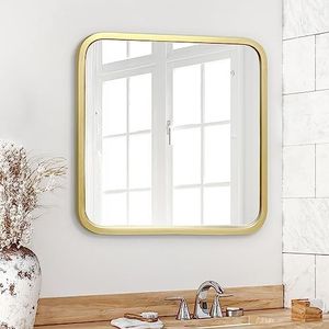Americanflat Spiegel met ronde hoeken, 60 cm, vierkant, goudkleurig frame, wandspiegel voor slaapkamer, badkamer en woonkamer, grote spiegel voor muur met ophangmateriaal