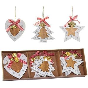 SHATCHI Kerstboom ornamenten houten esthetische hangende decoraties set van 6 stuks met linten en klokken Xmas DIY vakantiehuis decor - 2 sterren, 2 hart, 2 boomvorm stukken (8cm)