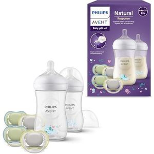 Philips Avent Natural Response-cadeauset voor baby's: 2 Natural Respons-flessen van 260 ml met T3 spenen (1m+) en 4 Ultra Air-fopspenen (model SCD837/13)