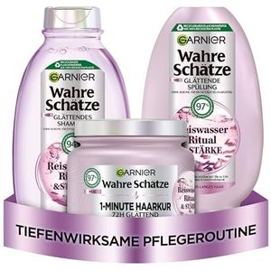 Garnier Echte schatten gladmakende haarverzorgingsset met rijstwater voor middellang haar, voor meer glans en soepelheid, shampoo (250 ml), conditioner (200 ml), 1-minuut haarkuur (340 ml), 3-delig
