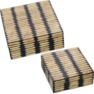DRW Set van 2 vierkante houten kisten in naturel en zwart, 20 x 20 en 15 x 15 cm