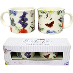 Puckator - Set van twee koffiekopjes van porselein met vlinders, dieren - Origineel Engels design Butterfly Meadows - Espresso Cup