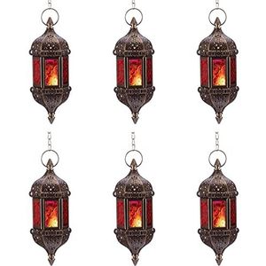 6 stuks hangende zeshoekige decoratieve Marokkaanse kaars lantaarnhouders, handgemaakte hangende theelichthouder in brons metaal en rood en paars glas cadeau & decorartikelen