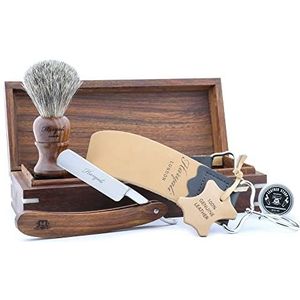 Haryali London, 5-delige scheerset voor keel en keel voor mannen - rechte scheermesset met houten doos, scheerkwast voor heren, lederen streep en honingpasta