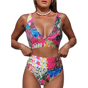 Hilinker Dames luipaard bikini zwempakken V-hals hoge taille 2-delig badpakken, Hot Pink Floral, L