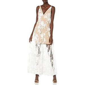 Dress the Population Women's Embellished Plunging Gown Sleeveless Floral Long Dress Dress, White/Nude Sidney, XL