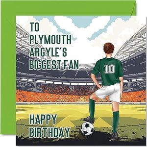 Voetbal verjaardagskaart voor Plymouth fans - grootste fan - leuke gelukkige verjaardagskaart voor zoon vader broer oom collega vriend neef, 145 mm x 145 mm Footy Footie Bday wenskaarten