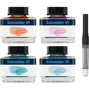 Schneider Cadeauset pastel inkt (4 x inktpot 15 ml, converter inbegrepen) Bermuda Blue, Ice Blue, Lila, Apricot