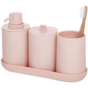 iDesign Badkamerset, vierdelige badset met zeepdispenser, tandenborstelhouder, wattenschijfdispenser en dienblad van kunststof, badkameraccessoires voor de wastafel, roze, 24,5 cm x 8,9 cm x 16,2 cm