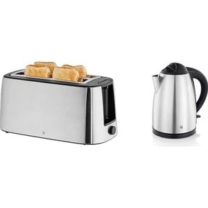 WMF Bueno Pro broodrooster met lange sleuf en rolbevestiging, 4 sneden, XXL toast, broodrooster van mat & WMF Bueno Waterkoker, 1,7 L, 2400 W, Snoerloos, Kalkwaterfilter, Zilver