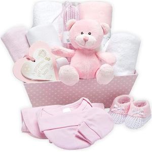 Roze cadeaumand voor babyshower - met fleece, handdoek met capuchon, babykleertjes, 2 mousseline doeken en een schattige teddybeer - doopcadeaus voor meisjes of jongens