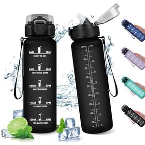 1 l Sportdrinkfles met rietje, motiverende tijdweergave, herbruikbaar, lekvrij, voor sport, sportschool, school, gym, 1 liter