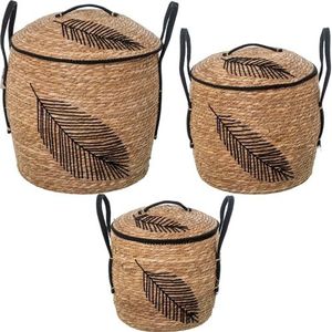 Set van 3 papierrolhouders MIMBRE C/TAPA NATURAL DECO. HOJA NEGRA_° 42X50+°35X39CM+°31X29CM
