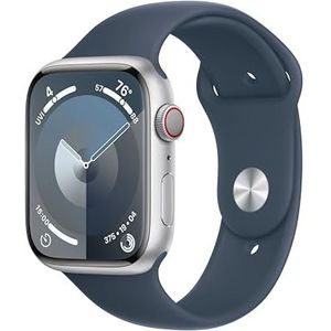 Apple Watch Series 9 (GPS + Cellular 45 mm) Smartwatch - Kast van zilverkleurig aluminium - Stormblauw sportbandje M/L. Conditie bijhouden, Saturatie-app en Ecg-app, Always-on Retina-display
