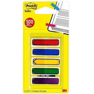Post-it 684ARR1 zelfklevende strips index pijlen, 11,9 x 43,2 mm, rood, geel, groen, blauw, paars, 5 x 20 strepen in etui