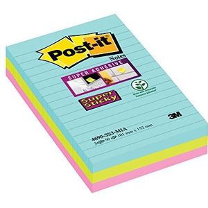 Post-it Super Sticky gevoerde notities 101 x 152 mm Veelkleurig (Aqua Wave/Neon Groen/Neon Roze)